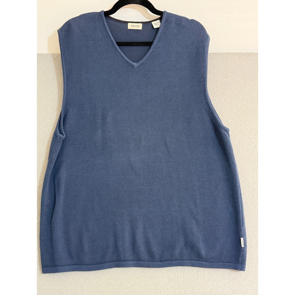 Vtg IZOD Mens V Neck Sleeveless Sweater Vest Blue Cotton Knit Sz‎ L preppy Y2K